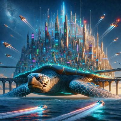 The primary subject of the image is a large turtle, which is the main focus of the scene. The turtle is situated in a futuristic city, surrounded by a variety of buildings and structures. The setting is a mix of urban and futuristic elements, creating a unique and imaginative atmosphere. The visual style of the image is digital art, as it appears to be a computer-generated or digitally illustrated scene. The colors and mood of the image are vibrant and energetic, with a